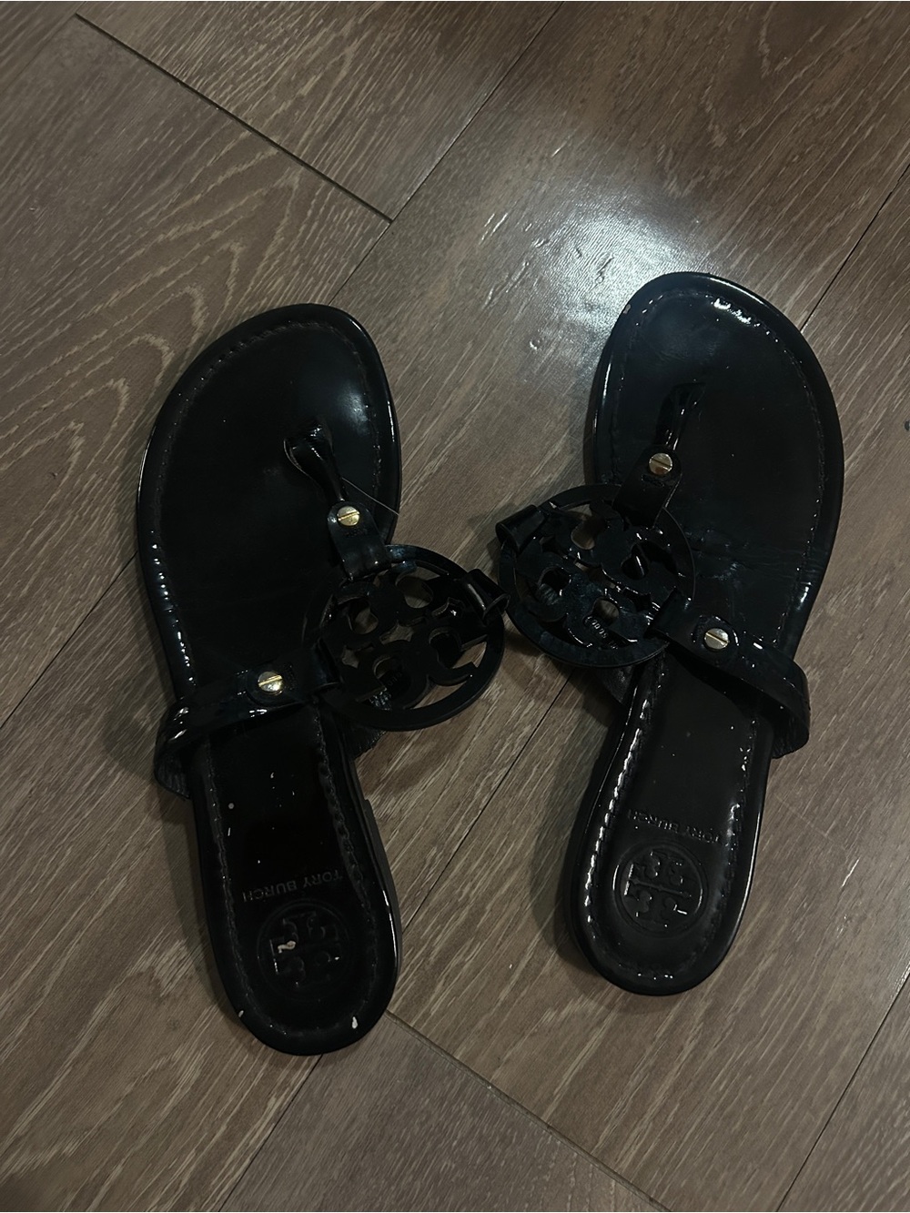 Tory Burch Black Patent Miller Thong Sandals with Gold Accents